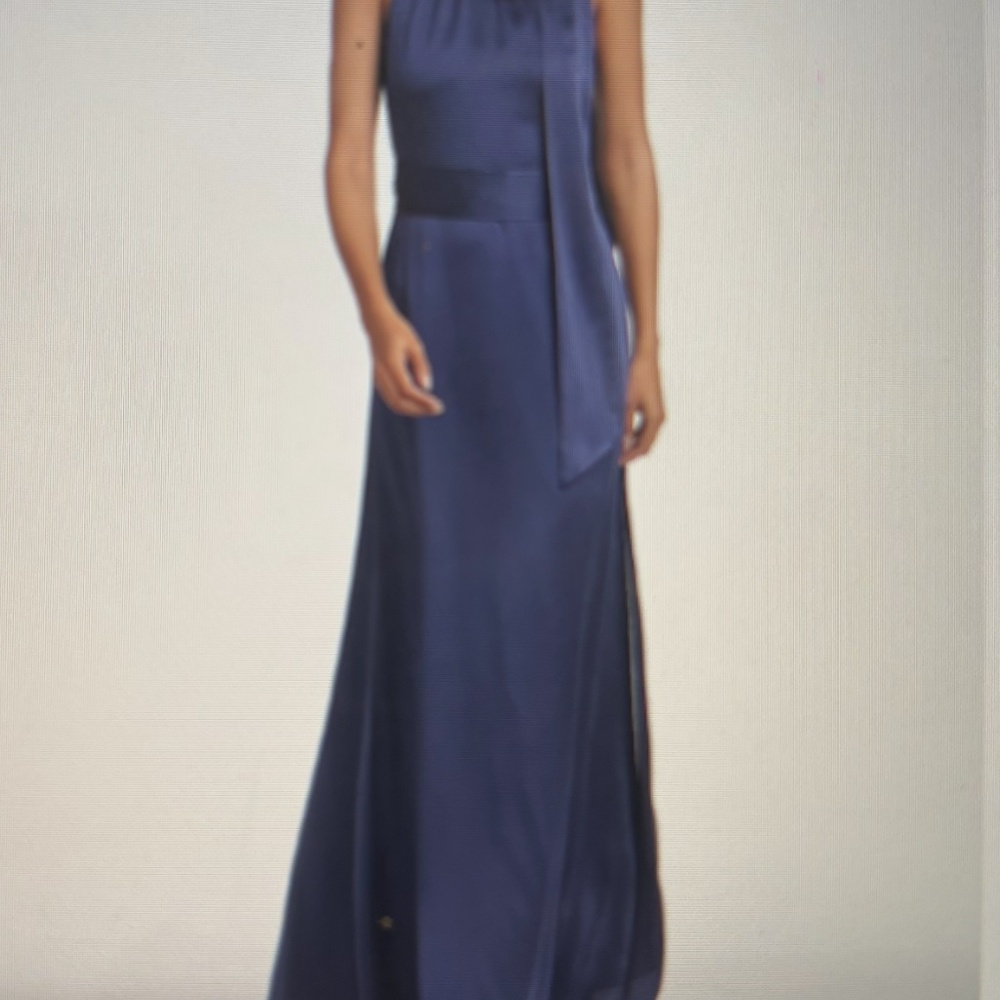 A Royal blue wedding guest dress, satin tie.